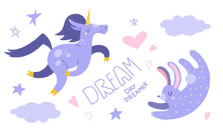 Flat cartoon vector illustration with cute unicorn and rabbit, hand drawn style. isolated on white. Delicate, dreamy mood, pastel colors.のイラスト素材