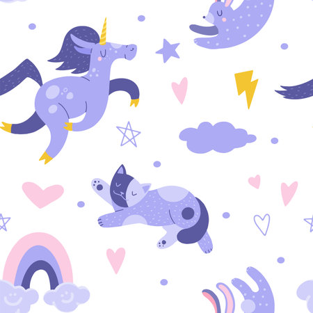 Seamless pattern with unicorn, cat, rainbow and rabbit. Flat cartoon vector illustration, hand drawn style. Delicate, dreamy mood, pastel colors.のイラスト素材