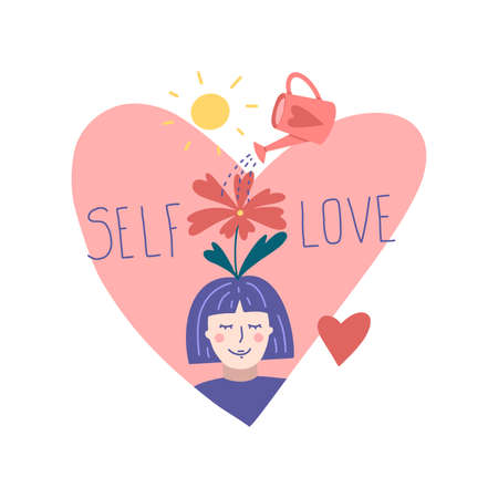 The girl loves herself. Flower on the head, watering can and sun, replenishment of resources. Flat cartoon vector illustration, hand drawn style. Well being, self love concept.のイラスト素材