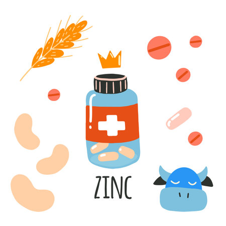 Zinc. Jar with pills, beans, wheat, beef, vitamins. Flat cartoon vector illustration, hand drawn style, isolated on white. Positive, health, beauty and wellness concept.のイラスト素材