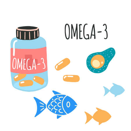 Omega 3 Jar with pills, fish, avocado. Flat cartoon vector illustration, hand drawn style, isolated on white. Positive, health, beauty and wellness concept.のイラスト素材