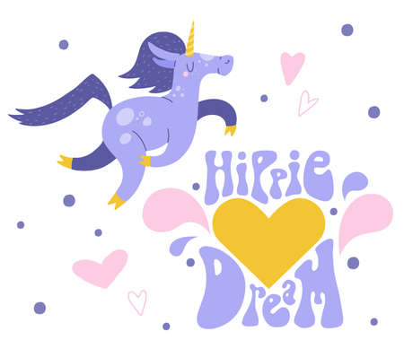 Flat cartoon vector illustration with cute unicorn, hand drawn style. hippie dream. isolated on white. Delicate, dreamy mood, pastel colors.のイラスト素材