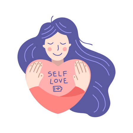 Flat cartoon vector illustration, hand drawn style. Girl hugs herself. Well-being, self love concept.のイラスト素材
