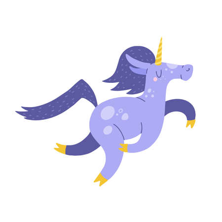 Flat cartoon vector illustration with cute unicorn, hand drawn style. isolated on white. Delicate, dreamy mood, pastel colors.のイラスト素材