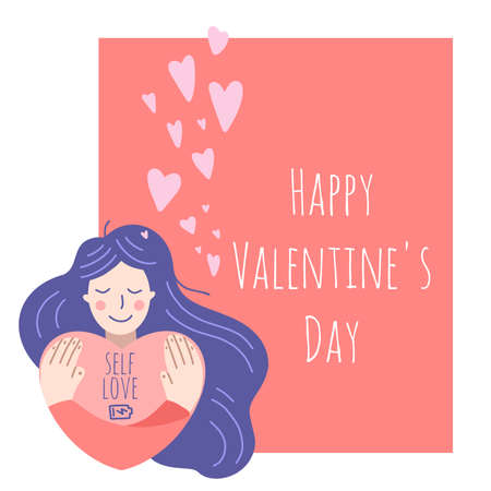 Flat cartoon vector illustration, hand drawn style. Valentine's day for singles. Girl hugs herself. Well being, self love concept.のイラスト素材