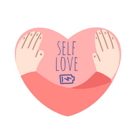 Flat cartoon vector illustration hands hug the heart, hand drawn style. Well-being, self love concept. isolated on white.のイラスト素材