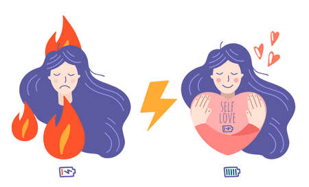 Occupational burnout syndrome and mental health prevention, recovery. Stressful girl and happy girl. Well-being, self love concept. Flat cartoon vector illustration.のイラスト素材