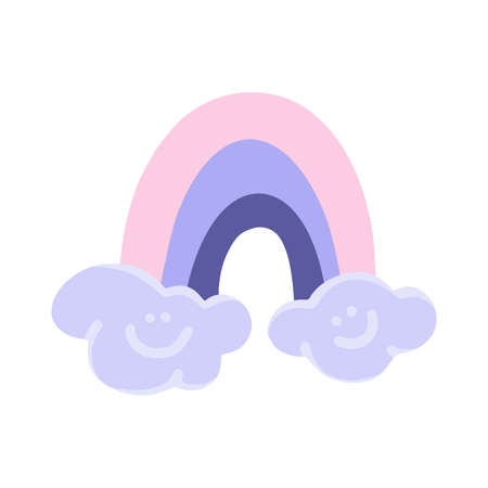 Flat cartoon vector illustration with rainbow and clouds, hand drawn style. isolated on white. Delicate, dreamy mood, pastel colors.のイラスト素材