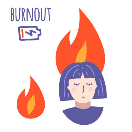 work burnout. professional burnout syndrome. Tired woman in stress. Mental problems, depressed female worker with low energy battery in fire. Flat cartoon vector illustration.のイラスト素材