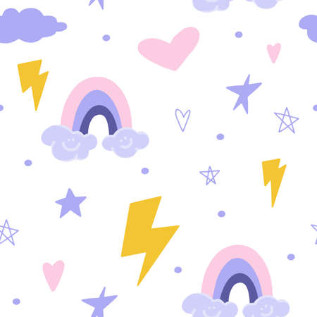 Seamless pattern with heart, star, lightning, cloud, rainbow. Flat cartoon vector illustration, hand drawn style. Delicate, dreamy mood, pastel colors.のイラスト素材