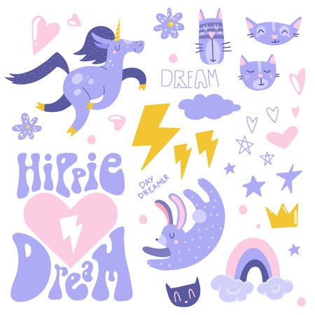 Flat cartoon vector illustrations set with cute unicorn, cats and rabbit, hand drawn style. hippie dream. isolated on white. Delicate, dreamy mood, pastel colors.のイラスト素材