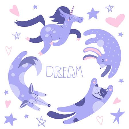 Flat cartoon vector illustration with cute unicorn, cat, fox and rabbit, hand drawn style. isolated on white. Delicate, dreamy mood, pastel colors.のイラスト素材