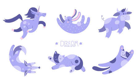 Flat cartoon vector illustrations set with cute unicorn, cat, fox, bull and rabbit, hand drawn style. isolated on white. Delicate, dreamy mood, pastel colors.のイラスト素材