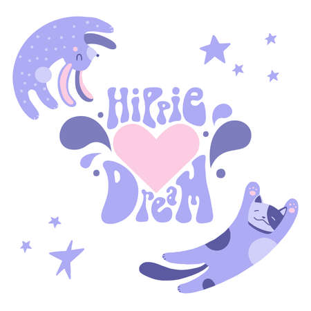 Flat cartoon vector illustration with cute cat and rabbit, hand drawn style. hippie dream. isolated on white. Delicate, dreamy mood, pastel colors.のイラスト素材