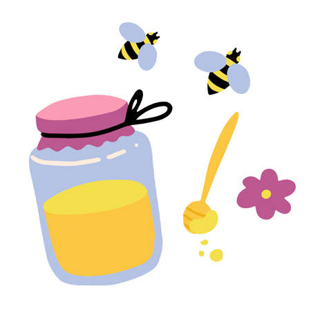Honey in a jar and bees isolated on white background. Flat cartoon vector illustration, hand drawn style.のイラスト素材