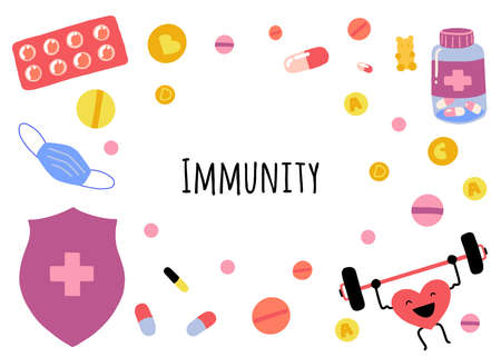 Bundle of vector illustration, immunity theme set. Vitamins, medication isolated on white background. Flat cartoon vector illustration, hand drawn style.のイラスト素材