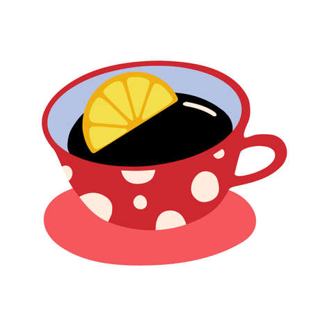 Mug of tea with lemon isolated on white background. Flat cartoon vector illustration, hand drawn style.のイラスト素材