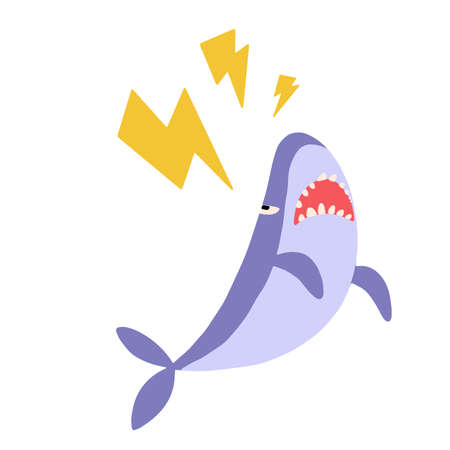 Sad shark with lightning, stress concept, isolated on white background. Flat cartoon vector illustration, hand drawn style.のイラスト素材