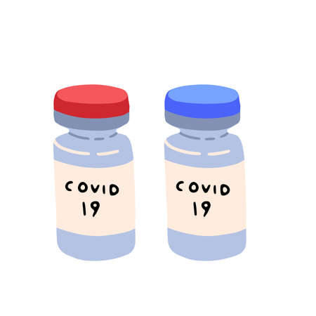 Covid-19 coronavirus vaccine. Vaccine vial. Treatment for coronavirus covid-19. Isolated flat cartoon vector illustration, concept of vaccination, immunity.のイラスト素材