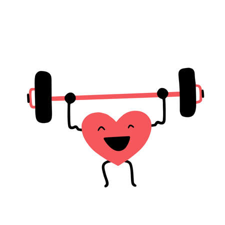 Strong health, immunity concept. The heart trains with a barbell. Cardio workout. Flat cartoon vector illustration, hand drawn style.のイラスト素材