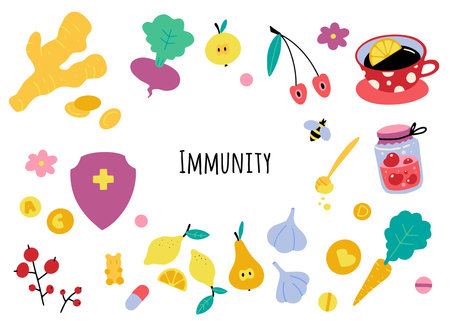 Bundle of vector illustration, immunity theme set. natural vitamins. Healthy foods isolated on white background. Flat cartoon vector illustration, hand drawn style.and drawn style.のイラスト素材