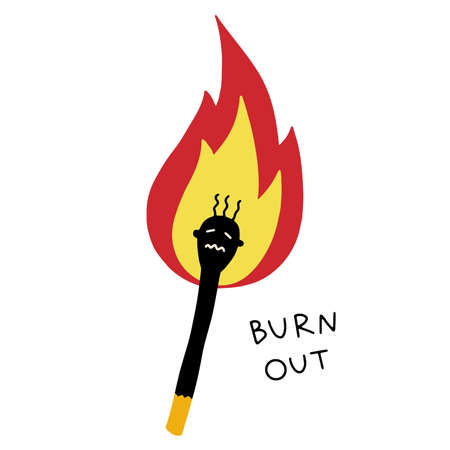 Burning match, professional burnout concept, isolated on white background. Flat cartoon vector illustration isolated on white background, hand drawn styleのイラスト素材