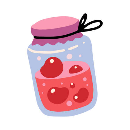 Jar compote, homemade jam, canned berries and fruits isolated on white background. Flat cartoon vector illustration, hand drawn style.のイラスト素材