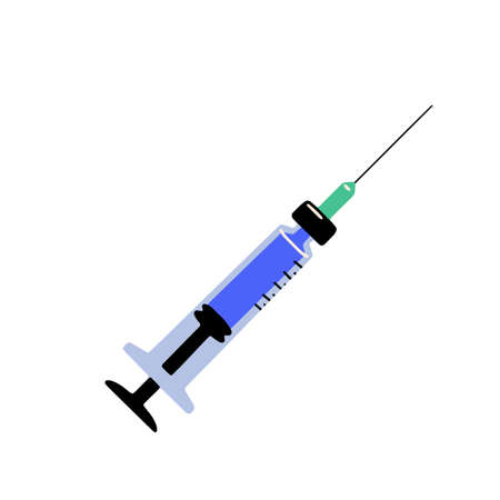 Medical syringe with needle isolated on white background. Flat cartoon vector illustration, concept of vaccination, injection. hand drawn style.のイラスト素材