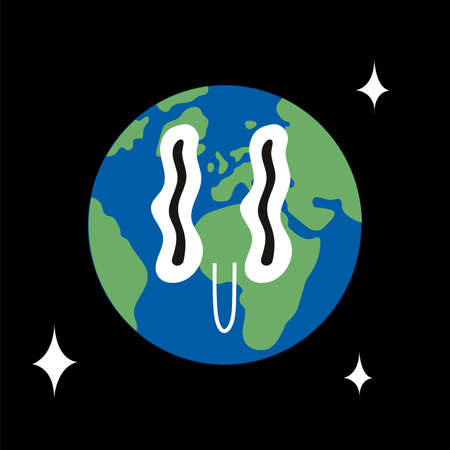 Cute planet earth in space, cartoon style, funny Comic character. Save planet concept. Hand drawn vector illustration. Trendy modern design. sticker style.のイラスト素材