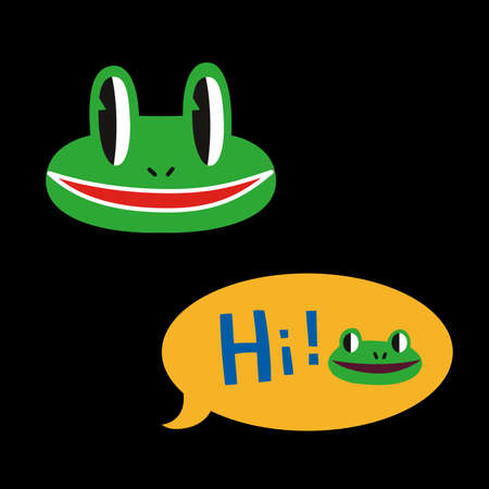 Cute frog face with a bubble chat "hi", cartoon style, funny Comic character. Hand drawn vector illustration. Trendy modern design for poster, postcard, social media or background. sticker style.のイラスト素材