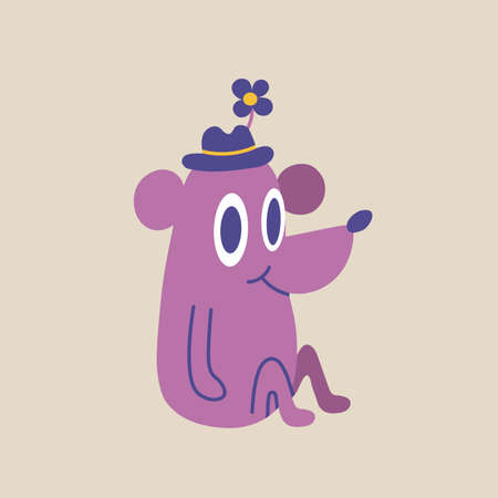 Cute mouse in a hat sits, cartoon style, funny Comic character. Vector illustration, hand drawn, flat design, isolated. Trendy modern illustration for poster, postcard, social media or backgroundのイラスト素材