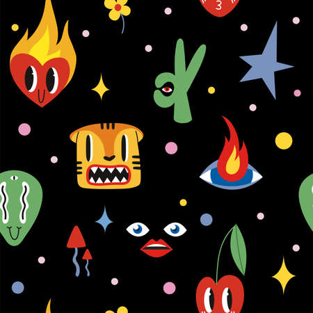 Seamless pattern with funny comic cute characters and doodles: tiger, cherry, alien, burning heart....