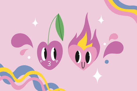 Cute burning heart and and sweet cherry in love, cartoon style, funny Comic character. Hot love flirting concept. Valentine's Day. Hand drawn vector illustration. Trendy modern design. sticker styleのイラスト素材