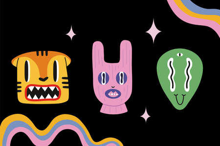 Abstract shapes, funny comic cute characters: tiger, alien, rabbit in balaclava. cartoon style. Trendy modern illustration for poster, postcard or backgroundのイラスト素材