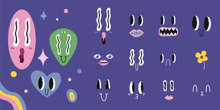 Character creation constructor. Emoji (heart, face, alien) with emotions, eyes and mouthes set. Hand drawn trendy Vector illustration. Cute funny characters. All elements are isolatedのイラスト素材