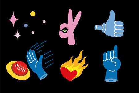 Set of colored Vector illustartions in Cartoon Flat design: hand gestures, burning heart. Hand drawn vector illustration. Trendy modern design. sticker style.のイラスト素材
