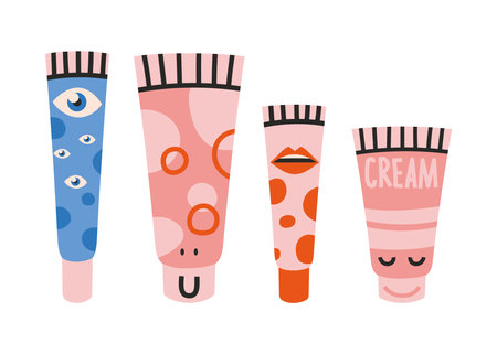Set with various beauty products in different packages. Cream, balm in a tube, cartoon style. Skin care, hand drawn, flat design. Trendy modern vector illustration isolated on white background.のイラスト素材