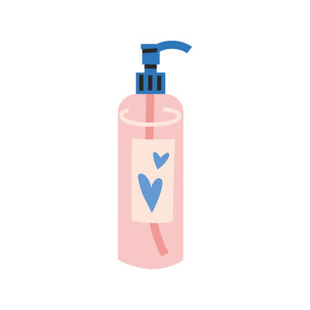 Bottle with skin care products like hydrophilic oil, antiseptic, soap or cream cartoon style. Hand drawn, flat design. Trendy modern vector illustration isolated on white background.のイラスト素材