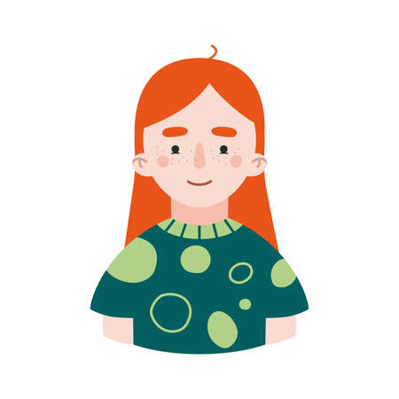 Portrait of a girl with red hair, ginger, pale skin. young woman avatar. Colored vector illustration, cartoon style character, flat design, isolated.のイラスト素材