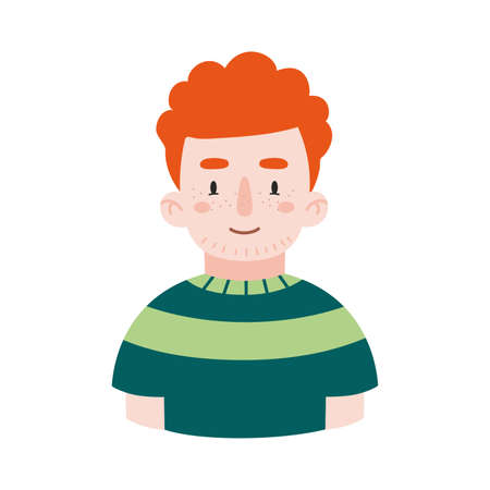 Portrait of a boy with red hair, ginger, pale skin. young man avatar. Colored vector illustration, cartoon style character, flat design, isolated.のイラスト素材