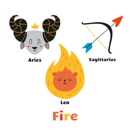 The Fire element set. Zodiac signs. Hand drawn trendy vector illustration. Flat design, cartoon style. All elements are isolatedのイラスト素材