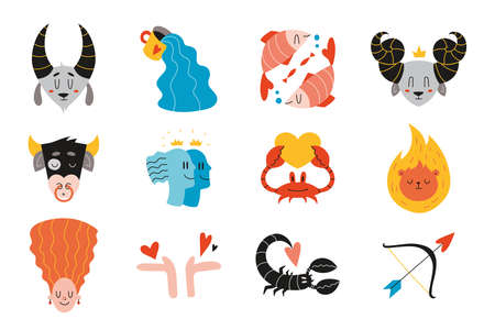 Zodiac signs. Bundle of vector illustration, astrological theme set isolated on white background. Cute hand drawn trendy illustration. Flat cartoon vector style.のイラスト素材