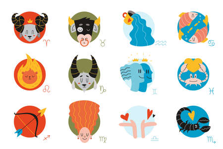 Zodiac signs. Bundle of vector illustration, astrological theme set isolated on white background. Cute hand drawn trendy illustration. Flat cartoon vector style.のイラスト素材
