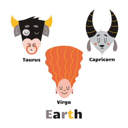 The Earth element set. Zodiac signs. Hand drawn trendy vector illustration. Flat design, cartoon style. All elements are isolatedのイラスト素材