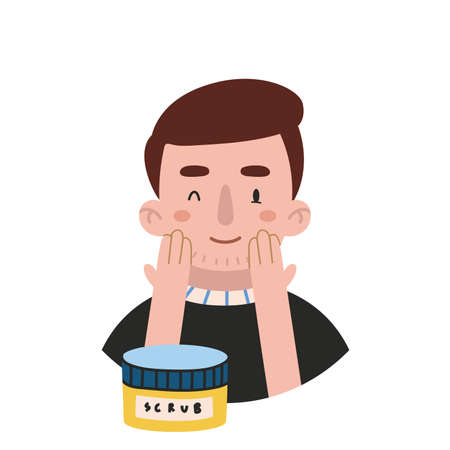 Boy applies scrub, face skin care routine, cartoon style character, trendy modern flat vector illustration.のイラスト素材