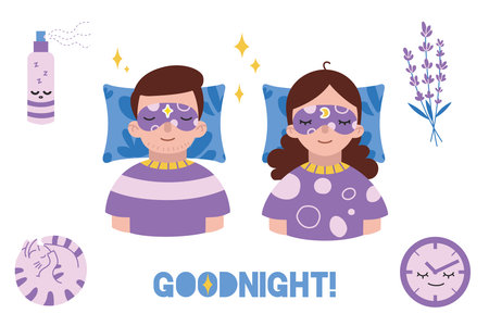 Sleep boy and girl in bed with sleeping mask. Help for falling asleep concept. Cute hand drawn trendy illustration. Flat cartoon vector style.のイラスト素材