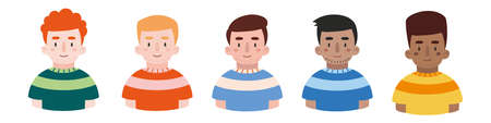 Avatars of multi ethnic boys: European, Korean, Indian, African-American, Scandinavian, diversity concept. Colored vector trendy illustration, cartoon style character, flat design, isolated.のイラスト素材