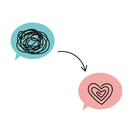 Mental health recovery, psychology concept. Symbols in bubbles. Releasing from psychological problems, cartoon style. Trendy modern vector illustration.のイラスト素材