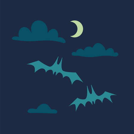 Spooky halloween background with bats and moon, cartoon style. Trendy modern vector illustration, hand drawn, flat design.のイラスト素材