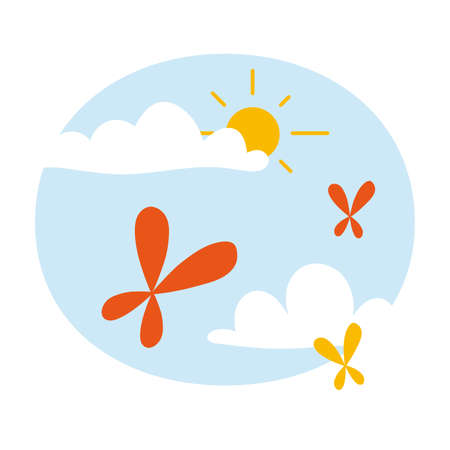 Flying butterfly on the sky over the cloud, cartoon style. Trendy modern vector illustration, hand drawn, flat design.のイラスト素材